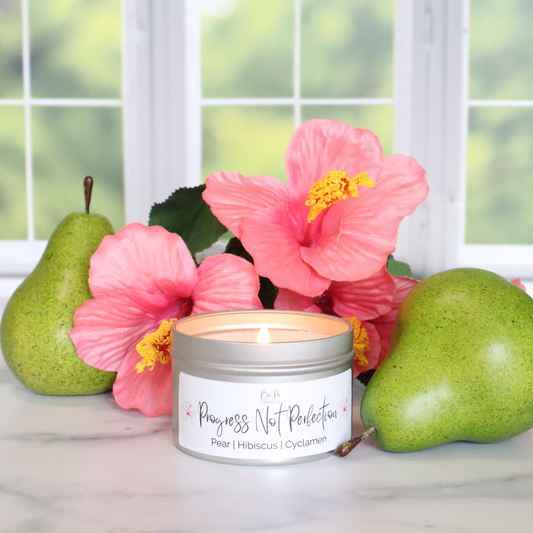 Progress Not Perfection Tin Candle | Pear, Hibiscus, & Cyclamen | 6oz