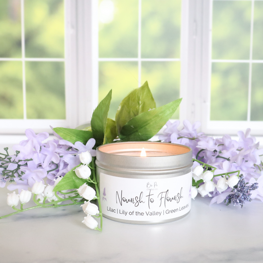 Nourish to Flourish Tin Candle | Lilac, Lily of the Valley, & Green Leaves | 6oz