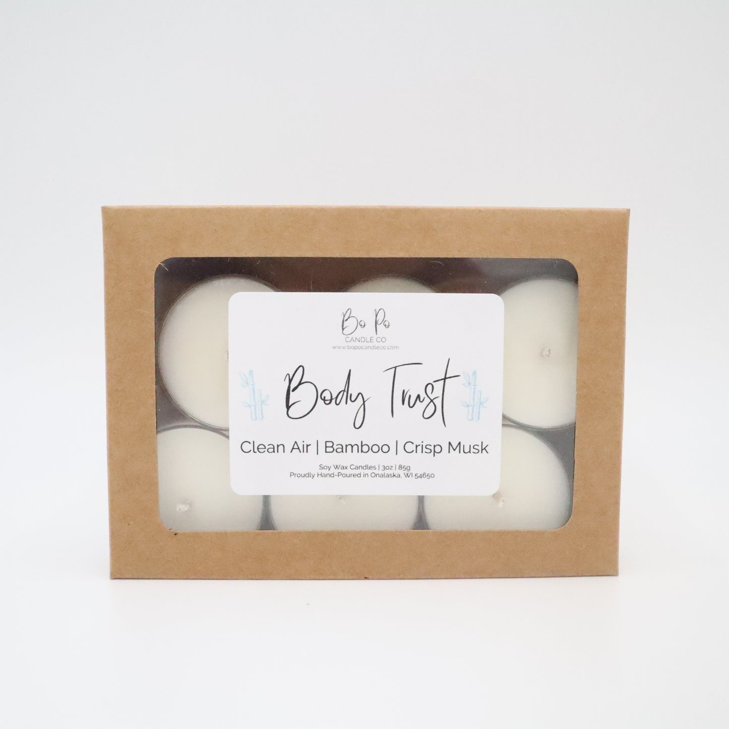 Body Trust Tealight Pack | Clean Air, Bamboo, & Crisp Musk | 3oz