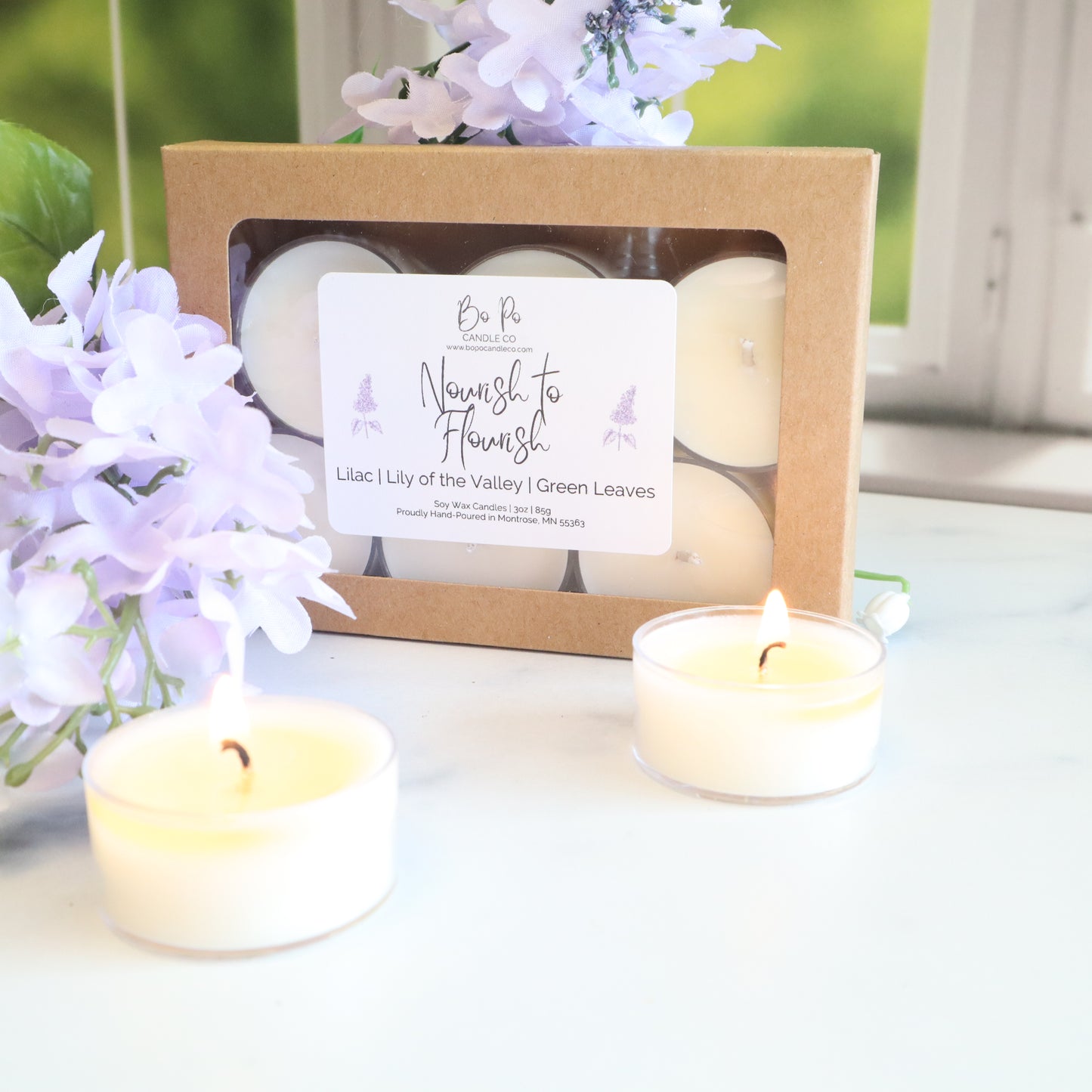 Nourish to Flourish Tealight Pack | Lilac, Lily of the Valley, & Green Leaves | 3oz