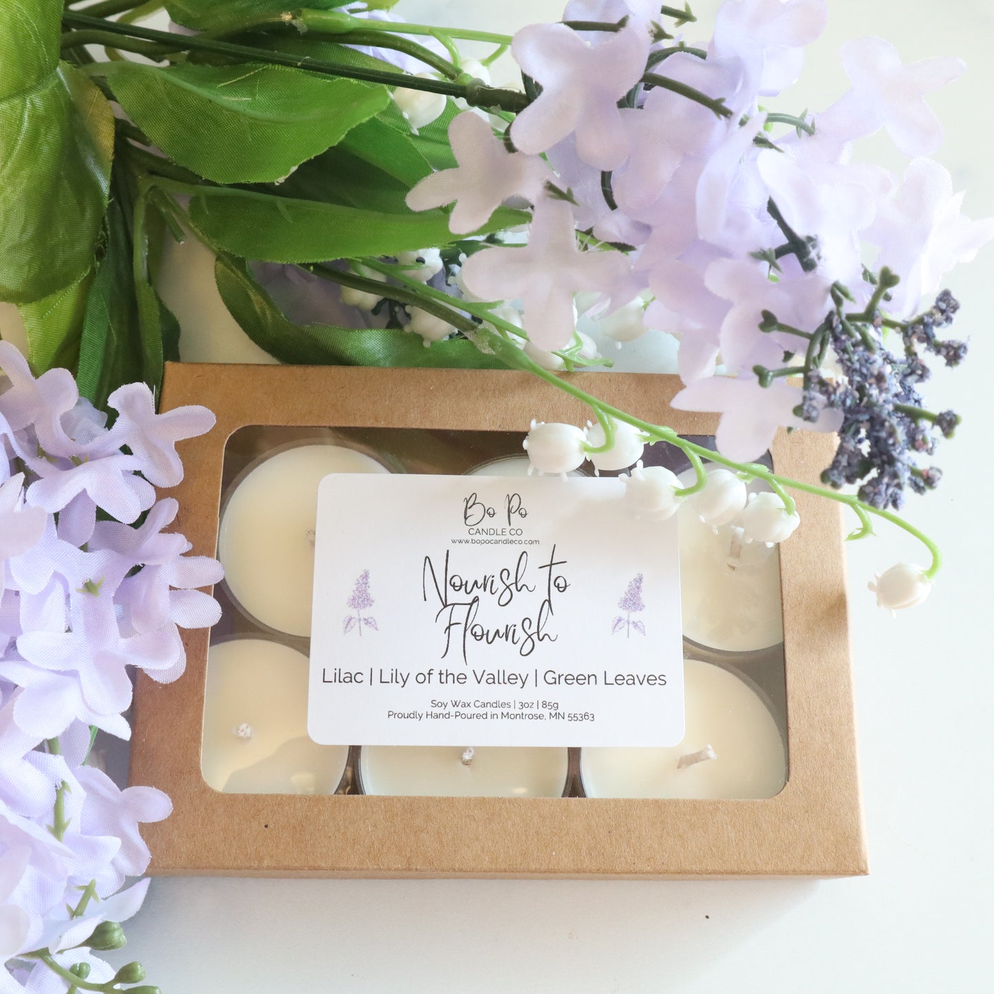 Nourish to Flourish Tealight Pack | Lilac, Lily of the Valley, & Green Leaves | 3oz